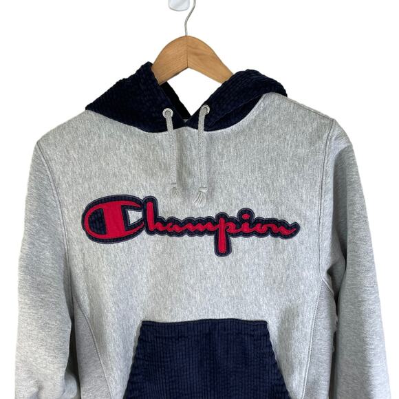 CHAMPION Men's Reverse Weave Corduroy Logo Hoodie Gray Blue XS Streetwear Casual - Picture 4 of 8